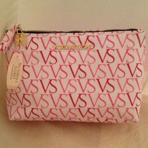 Victoria's Secret Signature VS Logo pink cosmetic bag gold wings NWT